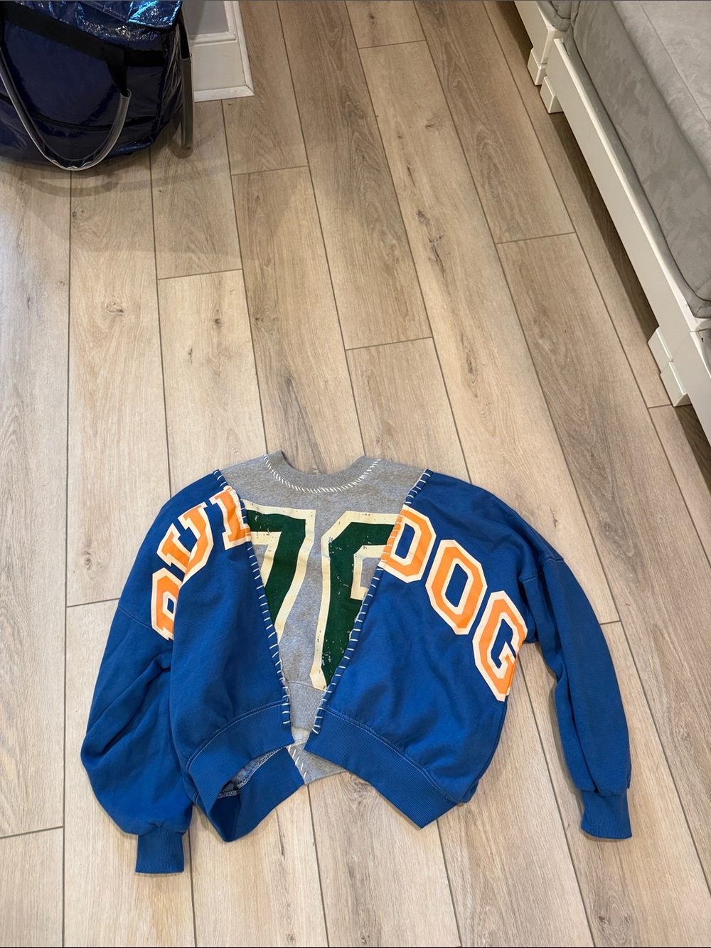 BDG Gray Patchwork Cropped Sweatshirt with Blue and Orange Accents